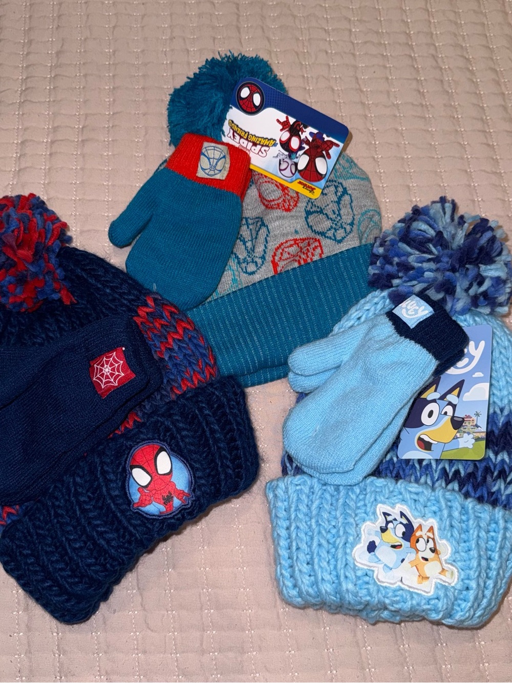 Spidey and his Amazing Friends and Bluey beanies and mitten set